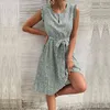 Casual Dresses Fashion Women's Clothing 2022 Summer Skirt Lace-up Green Floral Pleated Dress Chic Mid-length Lady Style