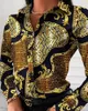 Women's Blouses Europese en Amerikaanse dames herfst-Slelling met lange mouwen revers met één rijs slanke retro bedrukt licht gekookt shirt