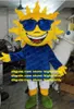 Costume de mascotte beau soleil jaune taille adulte avec des lunettes de soleil bleues poils courts pointus rond grand visage sourcils courts No.6972