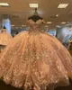 2023 Gold Quinceanera Dresses Lace Appliques Crystal Beads Hand Made Flowers 3D Floral Off Shoulder Short Sleeves Ball Gown Tulle Guest Dress Corset Back