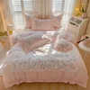Bedding Sets Cute Flower Pink Princess Style Cartoon Embroidery All Cotton Washed Bed Four-Piece Pure