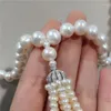 Kedjor hand knuten 9-10 mm vit naturlig sötvatten pärla tassel lång tröja kedja halsband mode smycken