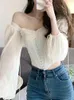 Kvinnors blusar sommar vintage söt blus kvinnor spets lapptäcke sexiga kawaii toppar kvinnlig casual bubbla ärm koreansk mode elegant topp