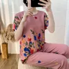 Women's Two Piece Pants 2022 Summer Women Cotton Linen Short Sleeve Set Large Size Middle-aged Mother Floral Print Clothes Two-piece Suit