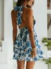 Casual Dresses Women Clothing Halter Neck Sexy Backless Floral Print Summer Beach Elastic Smocked Waist Ruffle Hem Mini