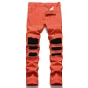 Summer Ripped Hole Patch Jeans For Men Autumn Slim Stretch Orange Pants Straight Mid-waist Cotton Denim Trousers Male Pantalones