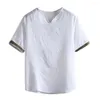 Men's Casual Shirts 2022 Summer Men T-shirt Solid Color Loose Type Short Sleeves V Neck Vintage Tops M-4XL