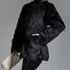 女性用フェイプベルミンクヘアコートフェイクオーバーコートカラー人工ロングスリーブジッパーブラックポケットジャケット