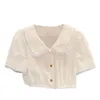 Blouses pour femmes Super qualité femme blanc haut court col de poupée broderie couture taille douce exquise petite chemise été