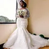 Sexy Mermaid Wedding Dresses African Illusion Neck Long Sleeves Lace Appliques Crystal Beaded Pearls Sweep Train Plus Size Custom Bridal Gowns 403