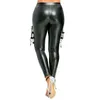 Leggings femininas Mulheres Pu couro de couro magro fino calça gótica punk perneiras de retalhos de retalhos calças de renda Faux PU