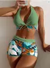 Front Halter Bikini Swimsuit Random Leaf Print Tie Badkl￤der f￶r kvinnor H￶g midja Tv￥ stycken Beach Bathing Suit 2023 Beachwear