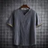 Camisas casuais masculinas 2022 Summer Men T-shirt Cor sólida Tipo solto Mangas curtas V Tops vintage do pescoço M-4xl