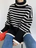 Women's Sweaters LMQ Turtleneck Black And White Striped Sweater Women Loose Lazy Korean Style Knitted Ribbed Pullover Tops Streetwear Jumper