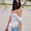 Bluzki damskie BOHO Inspirowane niebieski kwiatowy nadruk uprawek top kobiety flare rękaw seksowna letnia bluzka szyfonowa koszulka streetwear