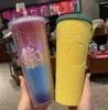 24oz de canecas personalizadas da Starbucks com o logotipo iridescente bling rainbow unic￳rnio cravejado copo frio caneca de caf￩ com palha reutiliz￡vel gc0921