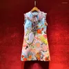 Casual jurken cartoon retro grafische bloemen kanten splice tank zoete jurk 2022 zomerstand kraag mouwloze losse a-line dames elegant