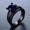 Wedding Rings Blue Round Zircon Engagement Ring Set For Women Vintage Black Gold Filled Double Bridal Sets Female Jewelry Gifts
