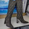Mode knästövlar lyxdesigner senaste calico blandade färger bootie chunky häl fyrkantiga tår kvinnor skor 9 cm hög klackade boot 35-43
