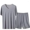 Mannen Nachtkleding Ijs Zijde Mannen Effen Pyjama Set Korte Mouw Zomer Homewear Plus Size 3XL 4XL Mannelijke Pijama pyjama Pak Losse Nachtkleding