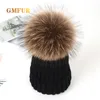 Beanie/Schädel Caps Winter NEUE Frauen Pom Beanies Warme Schöne Kind Gestrickte Hüte Echte Waschbären Pelz Pompom Casual Caps t221020