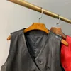 女性のベスト不規則な女性シープスキンルーズノースリーブジャケットデザイナーvネックオフィスリアルレザーベストファッションシングル胸のチョッキ