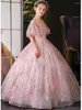 Fille Robes Princesse Élégante Blush Rose Fleur Robe De Bal Appliques Paillettes Manches Courtes Robe D'anniversaire