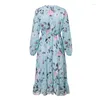 Casual Dresses Fashion Blue Long Sleeve Women Boho Dress Floral Print Vintage Ruffles Female Summer Holiday Vestidos OK563