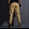 メンズパンツジョガーカーゴメンコットンポケットカジュアルズボン労働者衣類カーキブラックグリーン軍事戦術