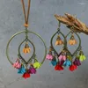 Conjunto de pendientes y collar, conjuntos de borlas de flores de colores geométricos Vintage para mujer, cadena de suéter de cuerda de cuero bohemio, joyería para ropa