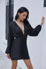 Robes décontractées femmes élégantes automne 2022 Sexy col en v profond solide à manches longues fête courte Mini robe Vestidos