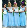 Himmelblaue Brautjungfernkleider, U-Ausschnitt, Flügelärmel, Perlen, Perlen, Chiffon, bodenlang, Kleid für Trauzeugin, Landhochzeit, Partykleidung