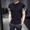 Männer T-shirts Stricken Pullover Chinesischen Stil Taste Hülse Seite Jacquard Weben Mann Selbst-anbau Kurze Camisetas Hombre