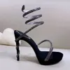 منصة روما صندل Rene Caovilla Designer Shoes Black Red Rhinestone Twining Foot Ring Womens حذاء ضيق الفرقة الضيقة 12.5 سم عالي الكعب الجدة متعرج