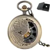 Pocket Watches Vintage Bronze Wings Half Mechanical Watch Gold Skeleton Hand Winding Pendant Clock Retro Gifts