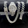 Łańcuchy 3PCS Męskie Kobiety Zestaw biżuterii Mrożone na zegarek Naszyjniki Bransoletka 15 mm bling diamond mima cuban link łańcuch duży złoto