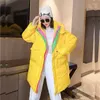 Women's Down Winter Women Mid-length Color Matching Cotton Padded Jacket Stand Collar Hooded Green Yellow Pink Casual Female Outerwear