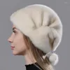 قبعات Berets النساء الأنيقة الدافئة الطبيعية كاملة القبعات الشتوية الشتوية لمكافحة البرد مع كرات رأس 55-62 سم