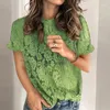 Women's T Shirts Fashion Women Summer Pure Color Round Neck Cute T-shirt Hollow Design Lace Decoration Flower Sleeve Loose Pullover