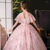 Fille Robes Princesse Élégante Blush Rose Fleur Robe De Bal Appliques Paillettes Manches Courtes Robe D'anniversaire