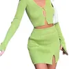 New Women Two Piece Dress Set Solid Color Knitted Long Sleeve Sweater Crop Tops And Split Hip Wrap Skirt Suit