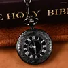 Pocket Watches Vintage Black Carving Quartz Watch For Men Engraved Case Roman Numeral Fob Chain Pendant Clip Clock Collection Gift