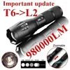 Ficklampor Ficklampor Bärbar T6 Tactical Military LED 980000LM Zoombar 5-läges utan batteri Utomhus Kraftfull Uppladdningsbar