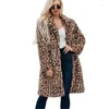 Kvinnors päls F0208 mode vinterkläder plus storlek lång leopard tryck kostym krage faux överrock kvinnors casual trench coat