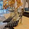 Frühling Sandalen und Sommer Kuh Leder manuelle Nähen Luxus Mesh Kette spitze High Heels Mode Muller Schuhe Sandalen KYXZ 08