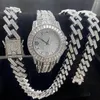 Łańcuchy 3PCS Męskie Kobiety Zestaw biżuterii Mrożone na zegarek Naszyjniki Bransoletka 15 mm bling diamond mima cuban link łańcuch duży złoto