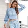 Women's Sweaters Women Sexy Hollow Plus Size Cropped Lantern Sleeve Knit Pullover Sweater 2022 Fall Fashion Blue Crochet Jumpers Harajuku