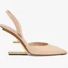 Luxury Real Leather Women Sandals Shoes F-shaped High Heeled Pointed Toe Pumps Gold-Colored Metal Lady Slingback Lady Party Wedding Dress