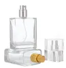 Bouteille de parfum carrée en verre 30ml 50ml, flacon pulvérisateur vide transparent avec capuchon en or et argent SN777