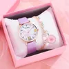 Wristwatches Bracelet Watch For Women Unique Cartoon Flower Pattern Pink Girls Fashion Leather Ladies Clock